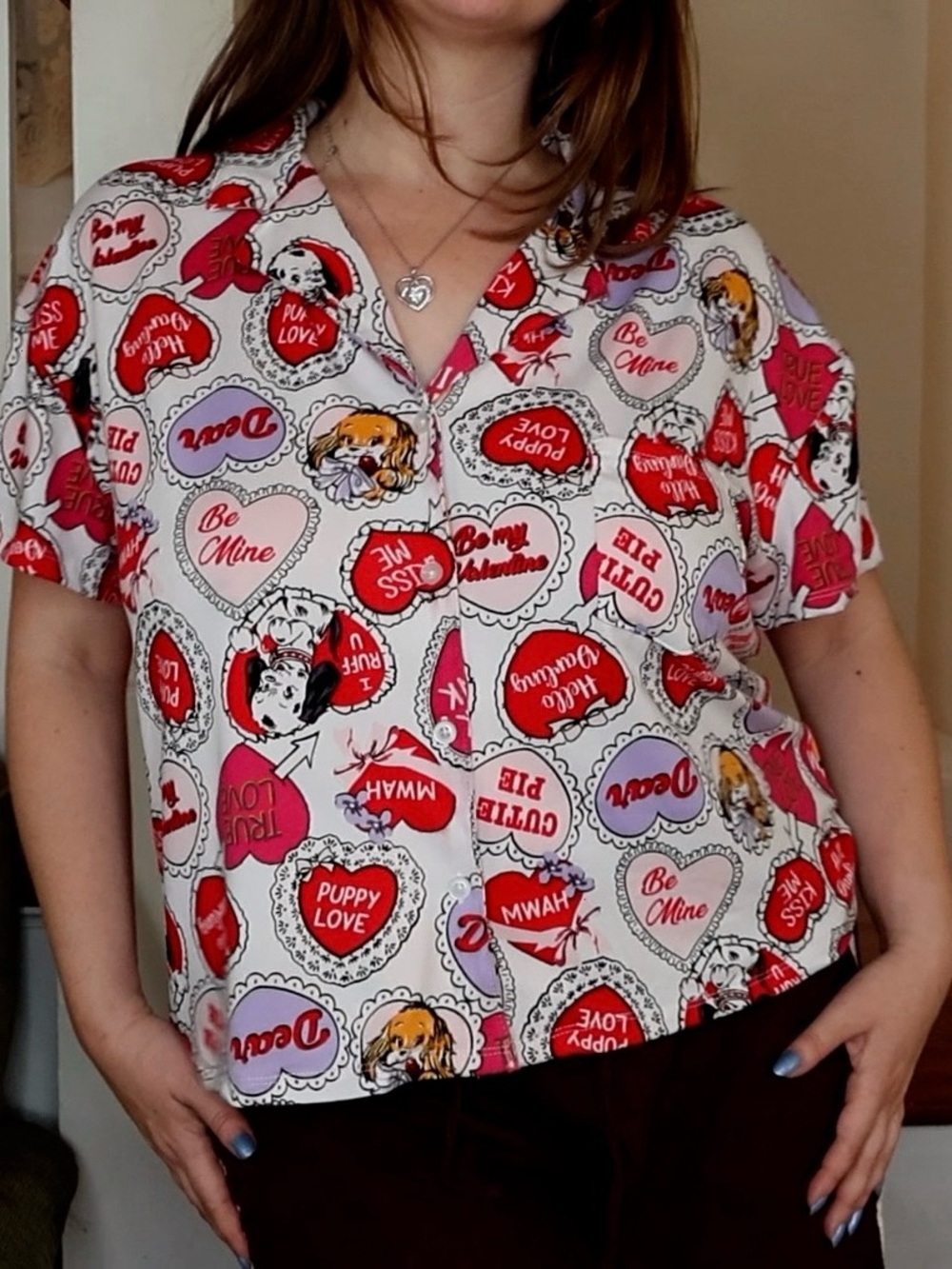 Valentine Candy Heart Button-Up Shirt - Pink, Red, White